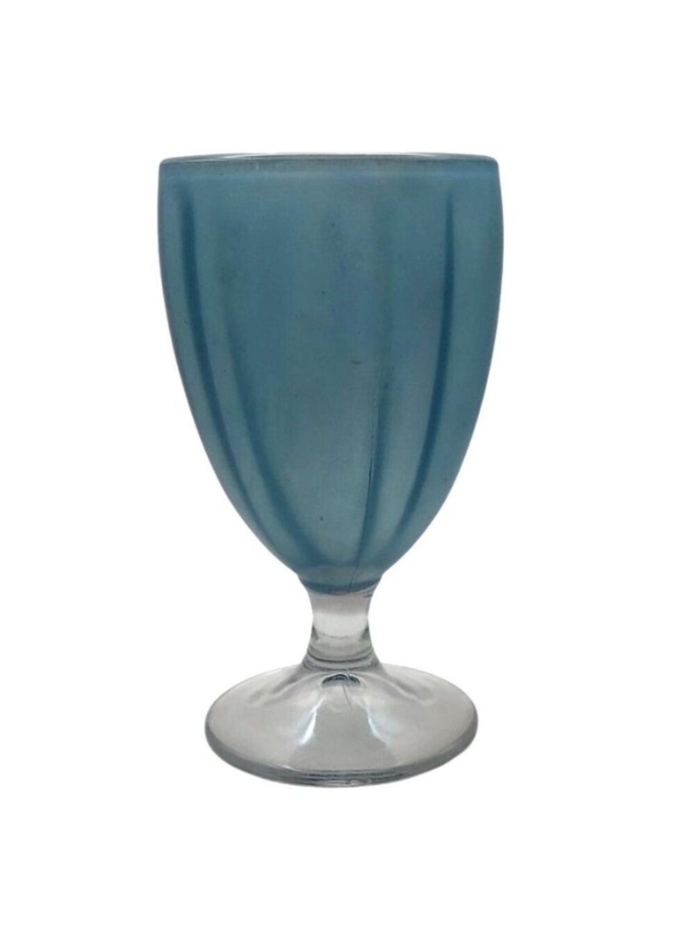 Vintage Iridescent Blue Glass Ribbed Goblet With Clear Stem Mid-Century Modern